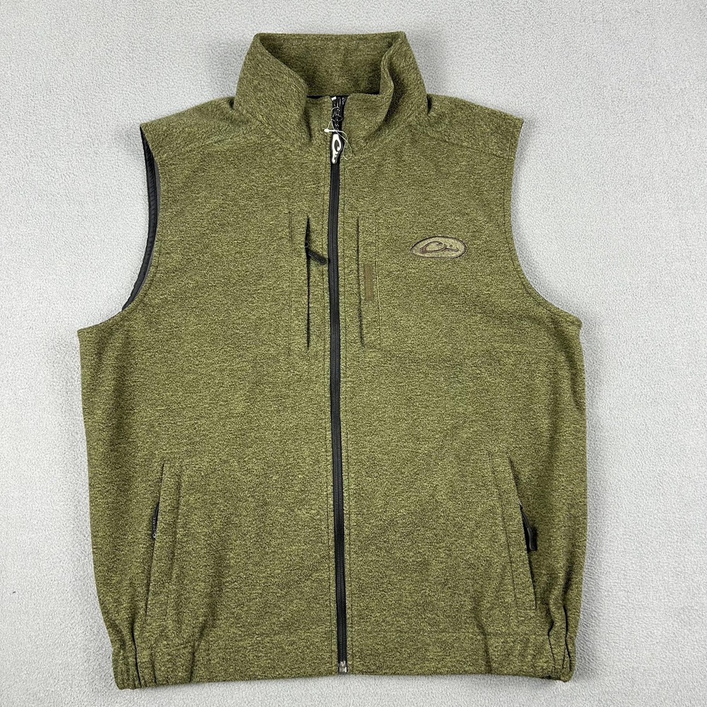 Drake Vest Mens Medium Green Heather Fleece Full Zip Chest‎ Pocket Hunting Warm
